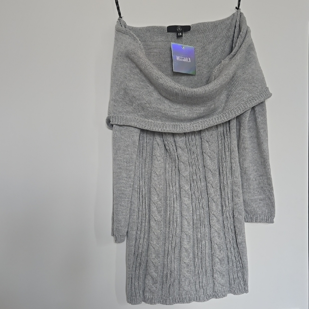 Gray Cable Knit Off-Shoulder Sweater